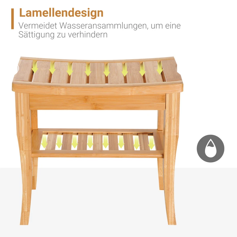 HOMCOM Duschhocker Badhocker mit Ablage Duschsitz Duschstuhl Badstuhl Badregal Bambus 47,5 x 26 x 44,5 cm Natur
