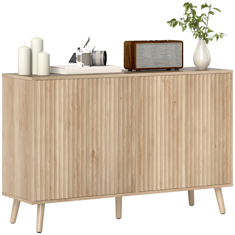 HOMCOM Buffet salon, meuble de rangement avec 4 portes cannelés à ouverture par pression 120 x 35 x 77,5 cm, chêne