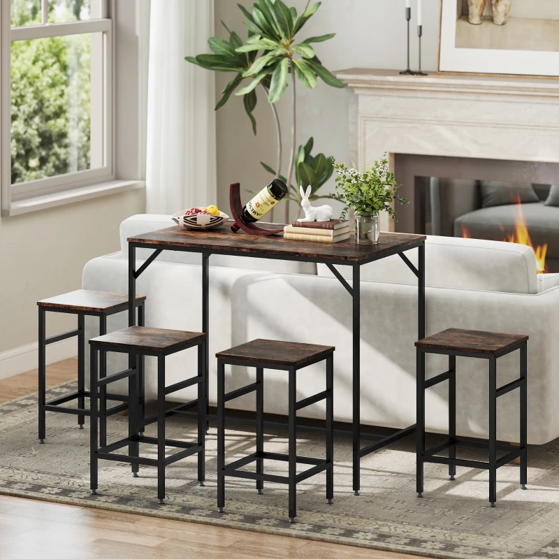 HOMCOM Mesa Alta de Cocina con 4 Taburetes Industrial Reposapiés Ahorro de Espacio para Espacios Reducidos Marrón Rústico
