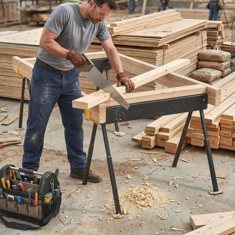 HOMCOM Set de 2 Caballetes para Sierra Plegables Altura Ajustable para Madera 2x4 con Asa Ganchos Soporta hasta 500 kg Negro