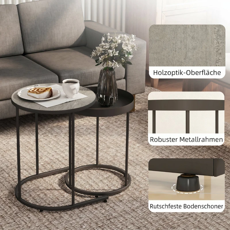 Set 2 Măsuțe de Cafea HOMCOM Stivuibile în Stil Industrial, din Lemn și Metal, Ø42x54 cm și Ø36.5x48.5 cm, Gri și Negru