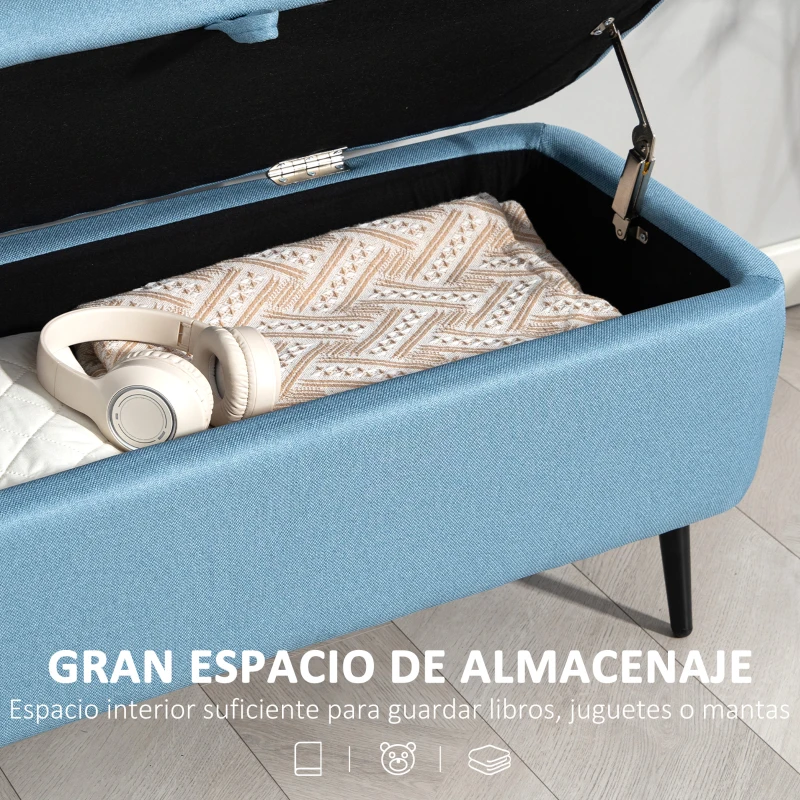 HOMCOM Banco de Almacenaje con Tapa Abatible y Patas de Acero para Dormitorio Salón Entrada 101x38,5x44,5 cm Azul Claro