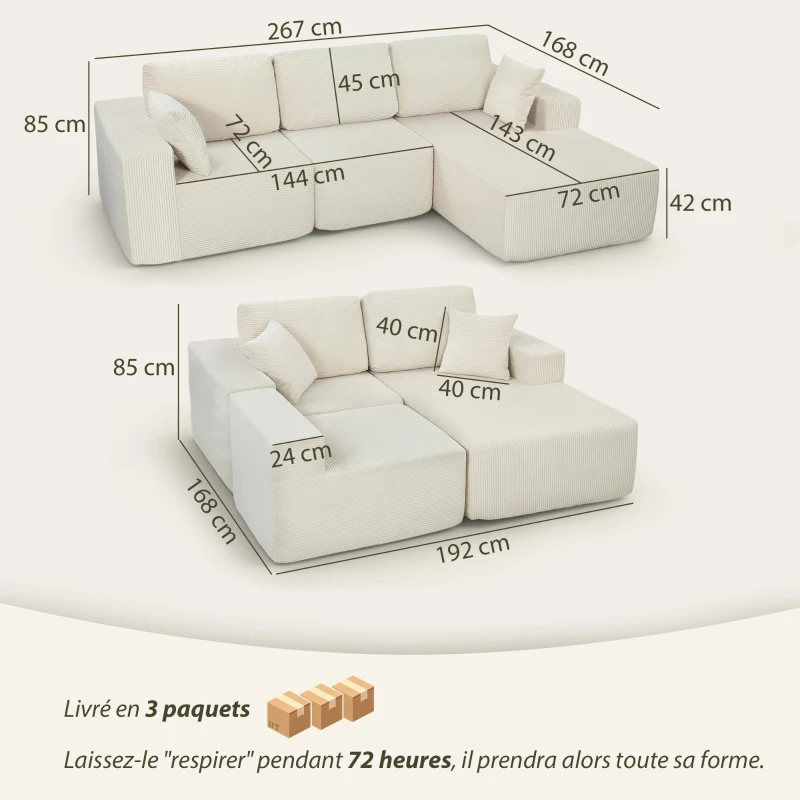 HOMCOM Sofá de Canto Modular 2 em 1 267 cm Sofá-cama 3 Lugares em Veludo Cotelê Assentos e Apoios de Braço Largos Creme