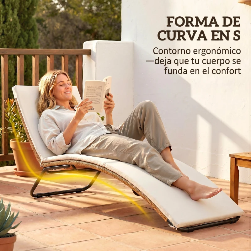 Outsunny Tumbona de Jardín Exterior de Ratán en Forma de S con Cojín Asiento Transpirable y Estructura de Acero para Patio Crema