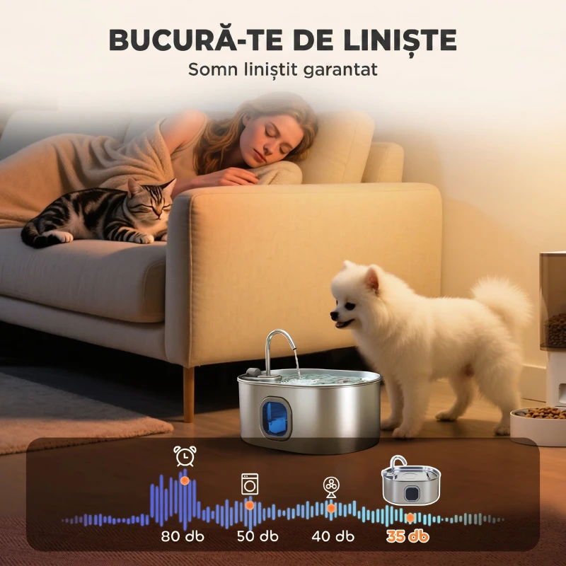 PawHut Fântână pentru pisici de 7L cu lumină LED și perie, din oțel inoxidabil 304, 32x22,1x22,3 cm, argintiu
