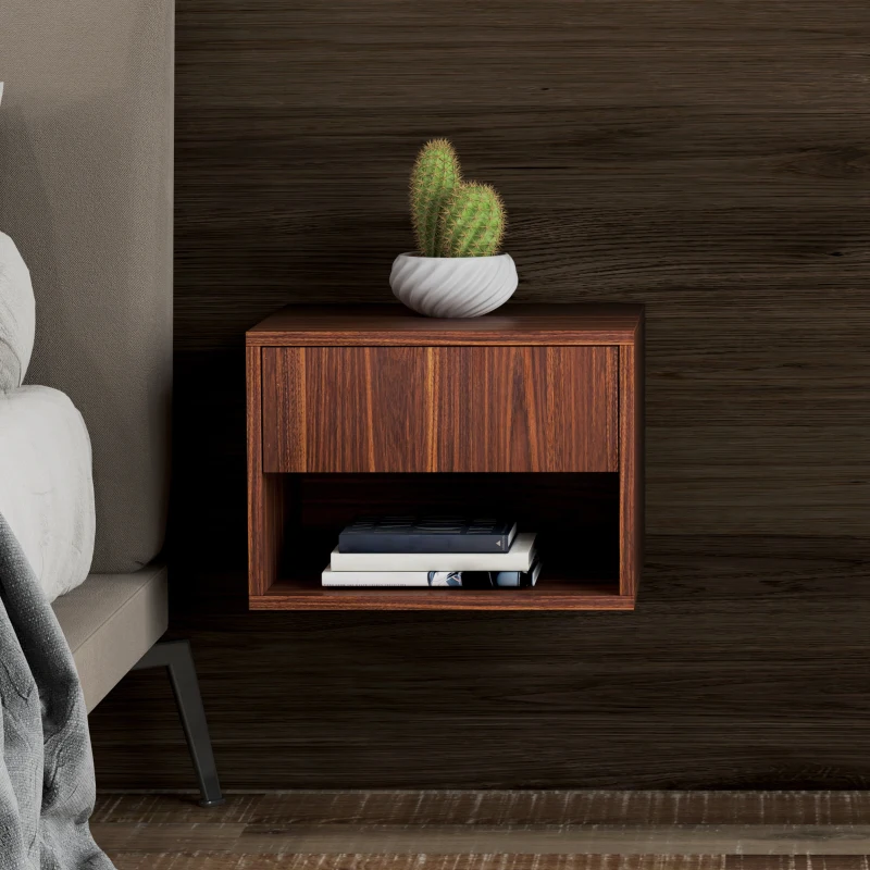 HOMCOM Set 2 Comodini Sospesi con Cassetto e Ripiano Inferiore Aperto, in Legno, 40x34x29 cm, Marrone