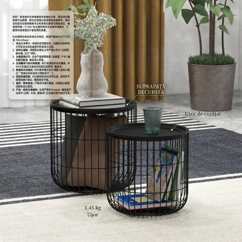 HOMCOM Set 2 măsuțe de living rotunde suprapozabile din oțel cu spațiu de depozitare, negru