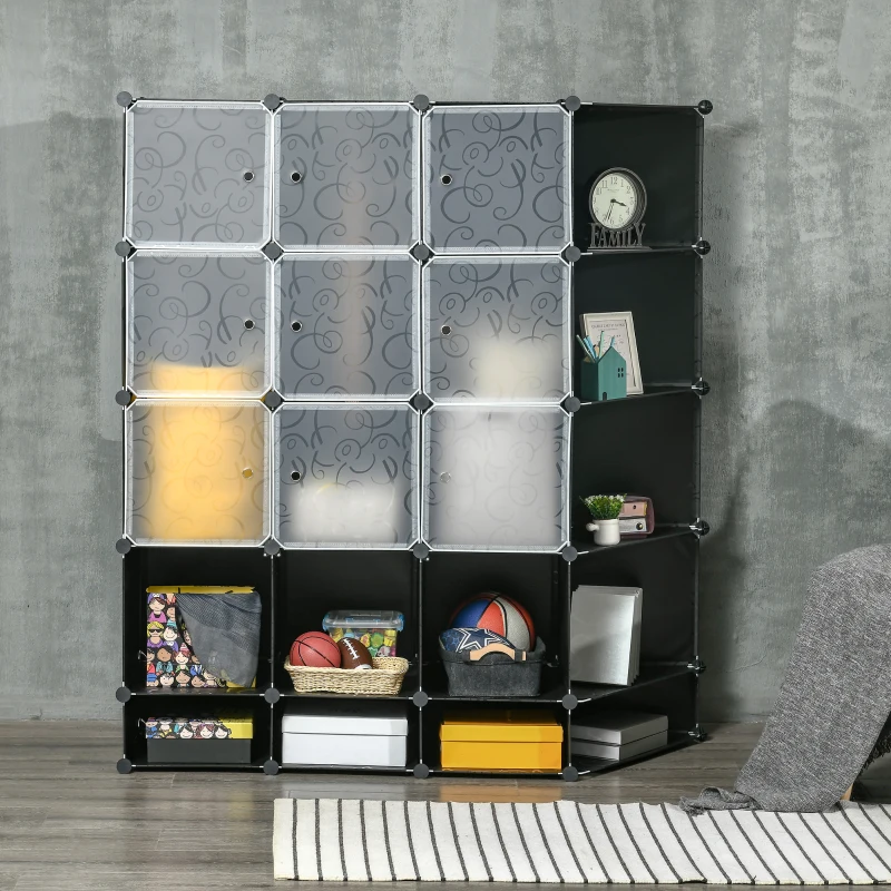 HOMCOM Armario Modular Organizador Portátil con 16 Compartimentos y 2 Barras de Colgar Ropa Negro y Blanco