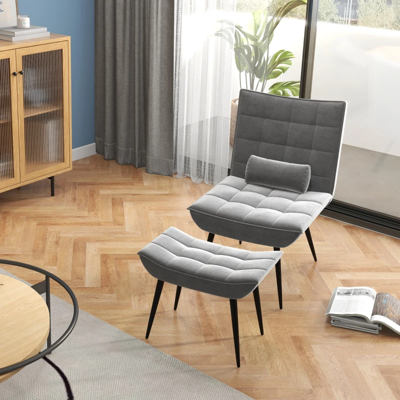 HOMCOM Accent Chair with Footstool Set, Tufted Upholstered Armless Lounge Chair with Pillow and Steel Legs for Living Room, Bedroom, Grey