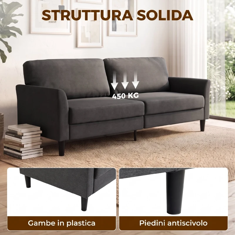 HOMCOM Divano 3 Posti in Tessuto Effetto Lino con Braccioli Curvi e Imbottitura Spessa, Grigio Scuro