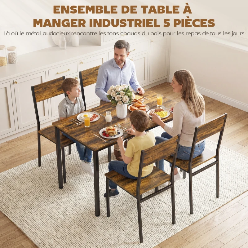 HOMCOM Ensemble table salle à manger avec 4 chaises, table de cuisine avec chaises 4 personnes, pieds en métal, brun rustique