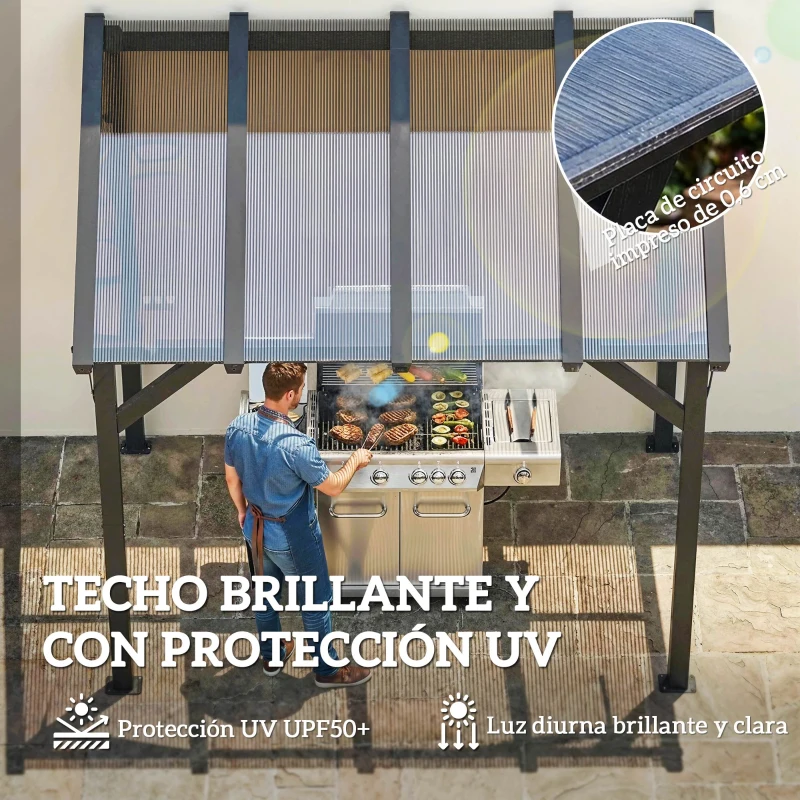 Outsunny Carpa Barbacoa 2,4x1,5 m con Techo de Policarbonato Diseño Adosado Estructura de Metal y Aluminio para Exterior Gris