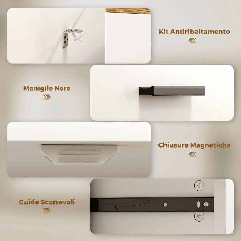 HOMCOM Credenza Moderna 2 Cassetti e Armadietto 2 Ante, Ripiano Interno Regolabile, Bianco e Legno