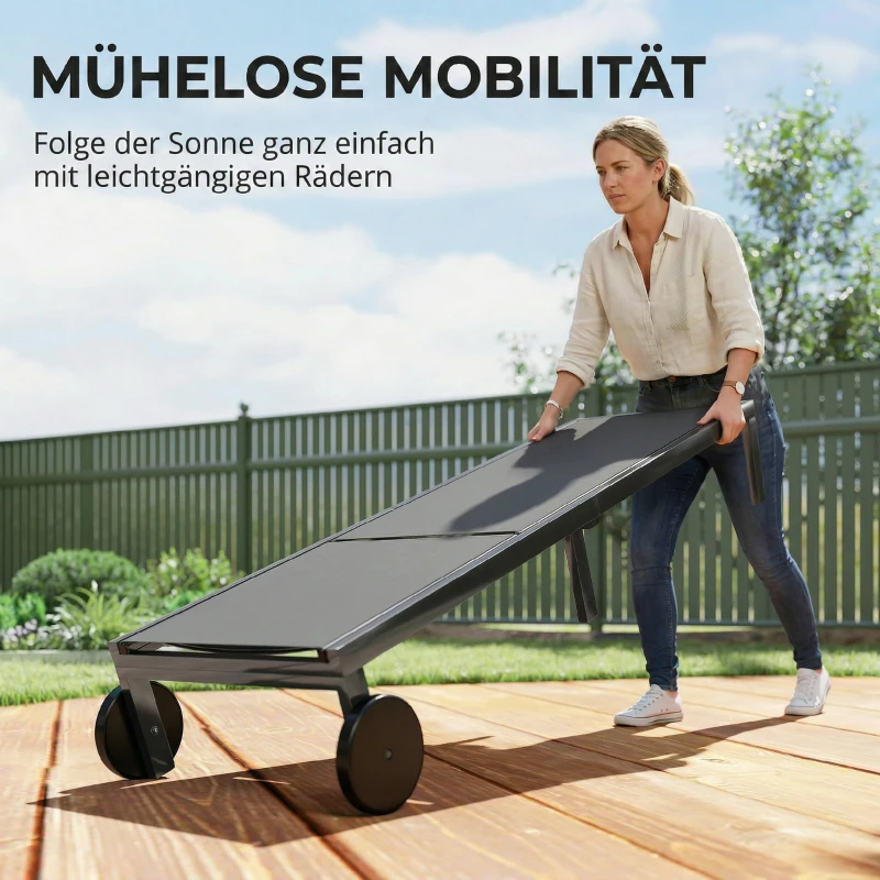 Outsunny Sonnenliege Atmungsaktive Gartenliege mit 6-fach Verstellbar Rückenlehne Rädern Aluminiumrahmen
