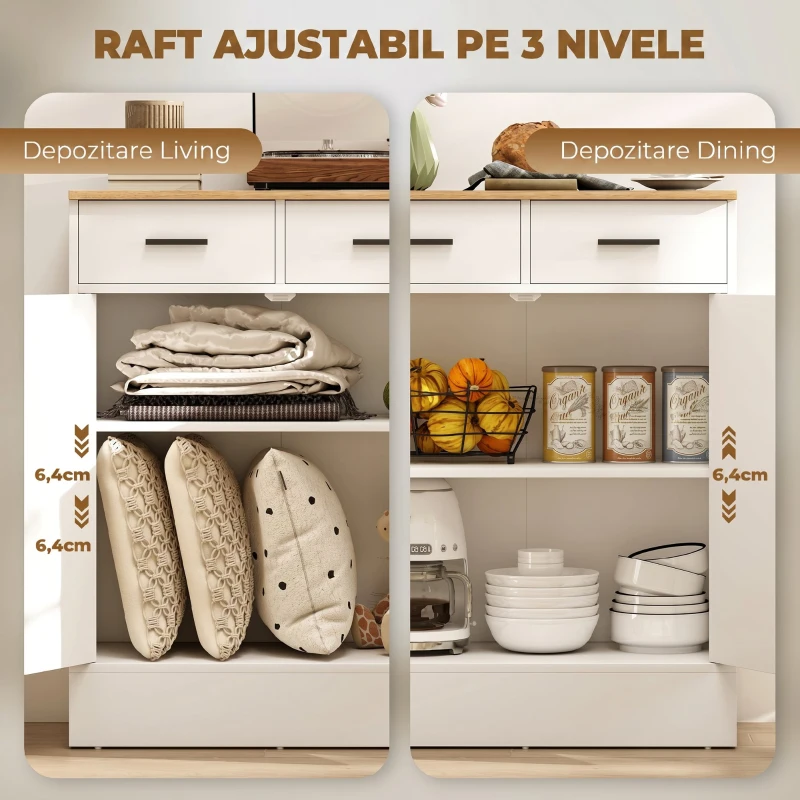 HOMCOM Bufet Modern 2 Sertare și Dulap cu 2 Uși, Raft Interior Reglabil, Alb și Lemn