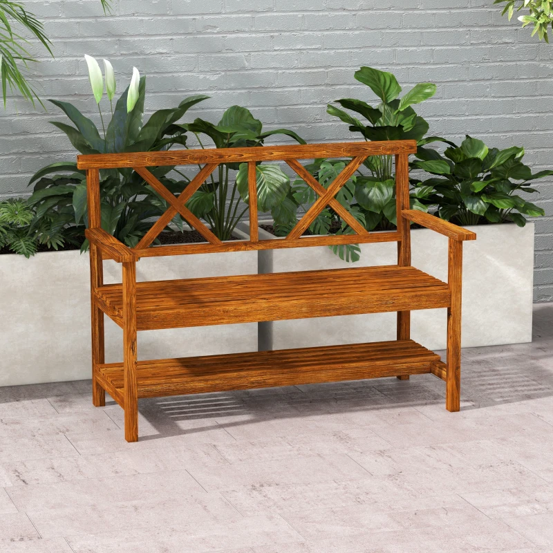 Outsunny Bancă din Lemn, Bancă cu 2 Locuri de Exterior cu Raft de Depozitare, Spătar, Cotiere și Scaun, 125x58x88 cm, Carbonizat