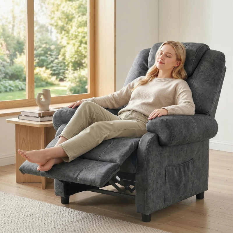 HOMCOM Sillón Relax Reclinable Manual Sillón Relax de Terciopelo con Reposabrazos Reposapiés Acolchado Grueso Negro