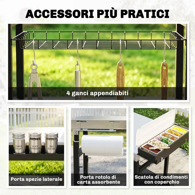 Outsunny Carrello Barbecue da Esterno con Piano in Acciaio Inossidabile, Porta Spezie, Ganci e Maniglia Laterale, Nero