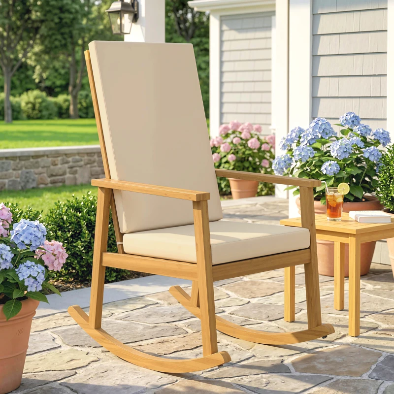 Outsunny Schaukelstuhl aus Akazienholz Schaukelsessel mit hoher Rückenlehne Kissen bis 160 kg 60 x 89 x 107 cm Beige