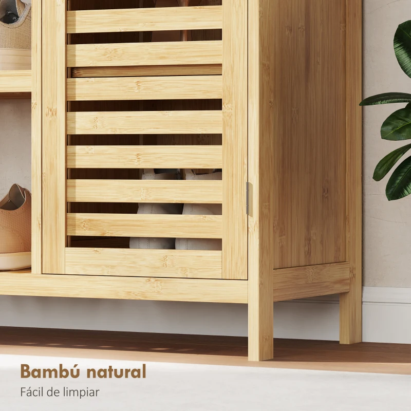 HOMCOM Armario de Almacenaje con 2 Puertas de Bambú de Lamas Estantes y Compartimentos Abiertos 100x33x86 cm Natural