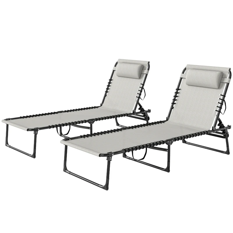 Outsunny Lot de 2 bain de soleil transat pliable dossier inclinable multi-positions acier lacets élastiques textilène crème