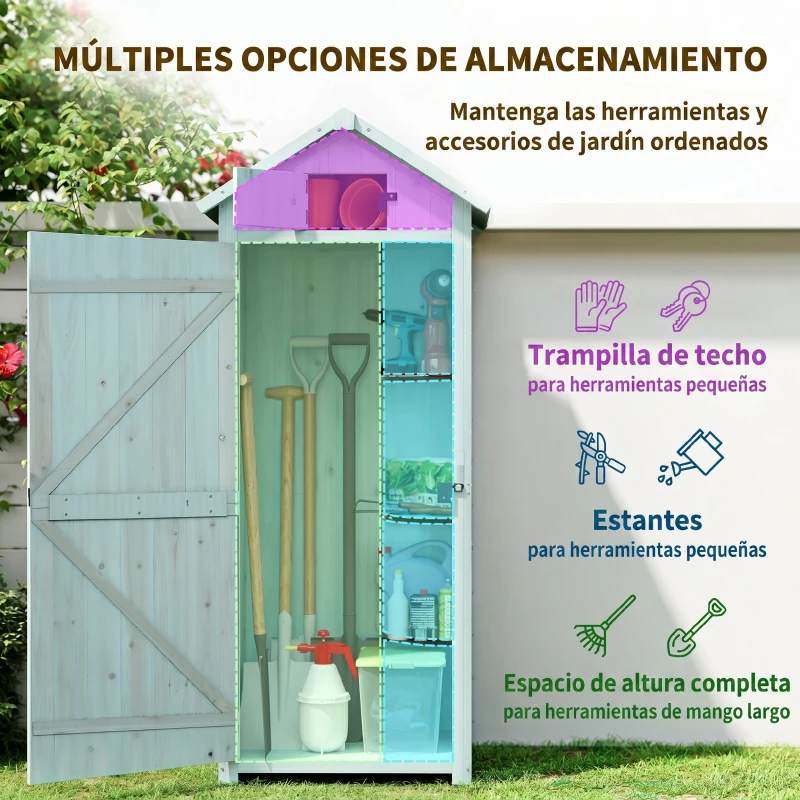 Outsunny Armario de Jardín de Madera Armario de Almacenamiento Cobertizo de Jardín con Estantes 77x54,2x179 cm Azul y Verde