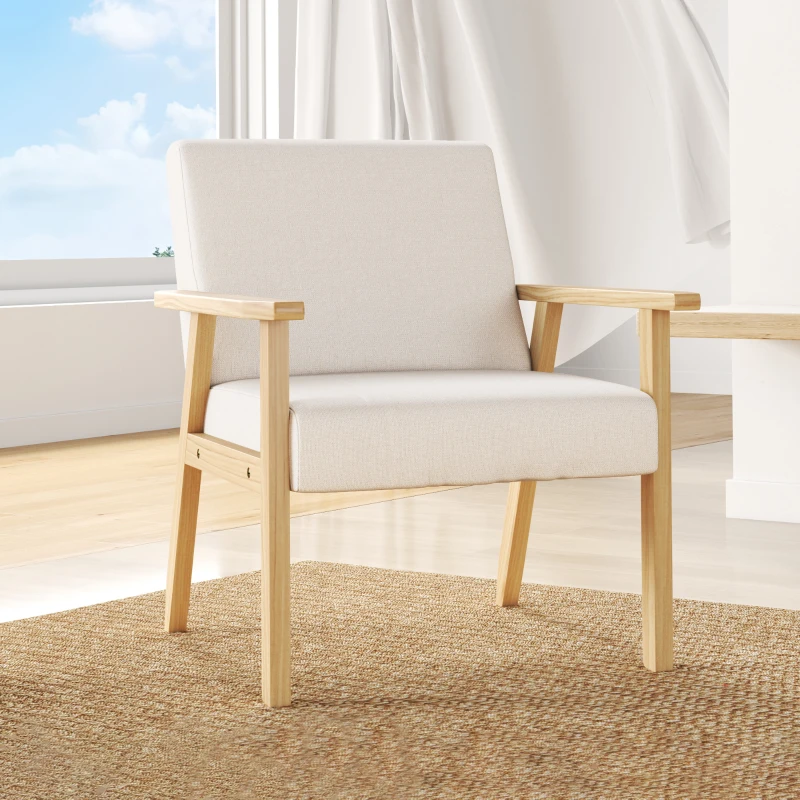 HOMCOM Poltrona d'Arredo in Stile Scandinavo in Legno di Pino con 2 Cuscini, 64x70x72 cm, Crema e color Legno