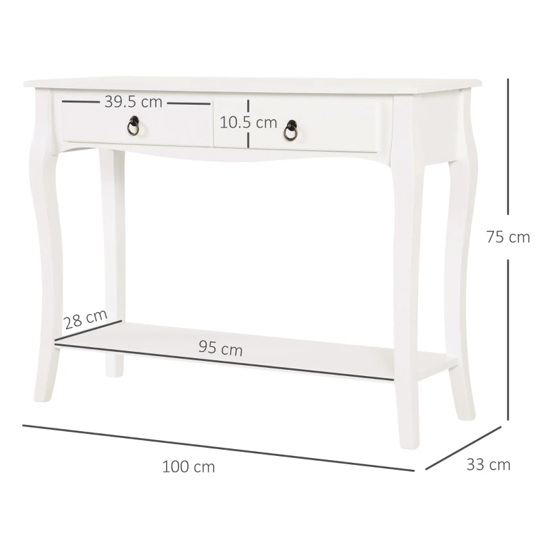HOMCOM Mobiletto Tavolo Consolle da Ingresso Moderno con 2 Cassetti Casa Legno, per Soggiorno, Camera da Letto e Ingresso, 100x33x75cm, Bianco
