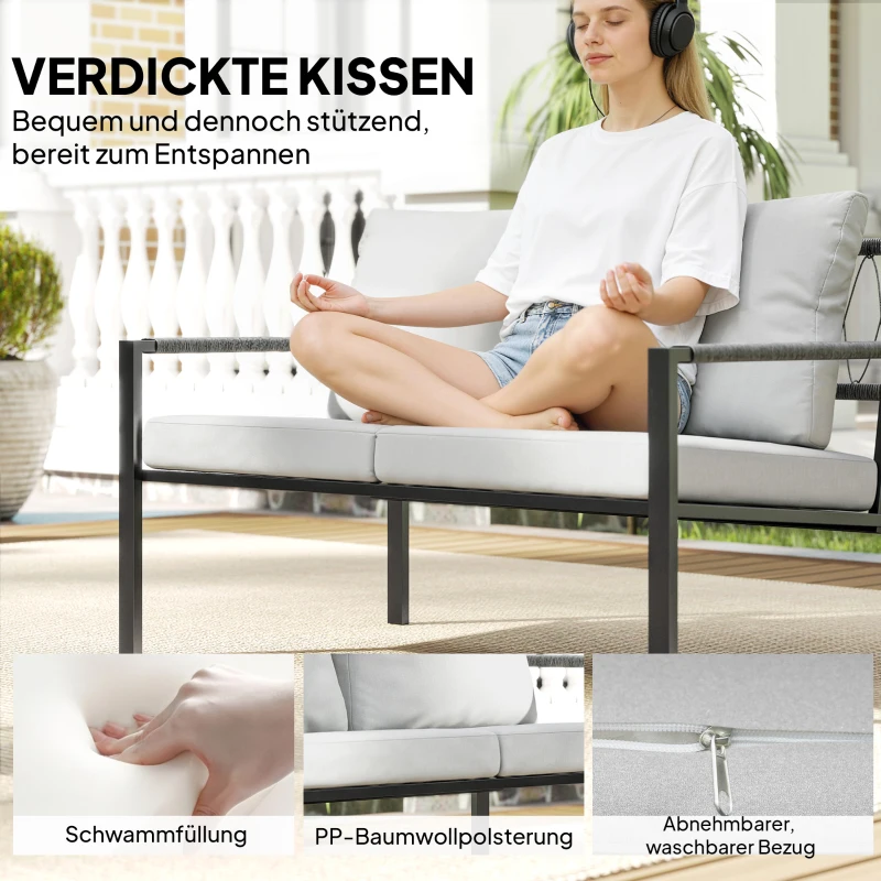Outsunny Gartenmöbel Set 4 Personen wetterfest Balkonmöbel-Set mit 2er Sofa, Sessel Sitzkissen Beistelltisch Hellgrau