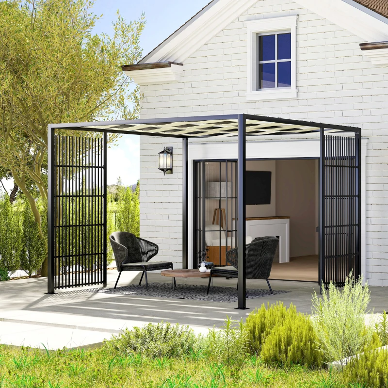 Outsunny Pergola per Esterno 3x3 m con Copertura Ondulata e Pannelli Laterali, in Metallo e Poliestere Nero