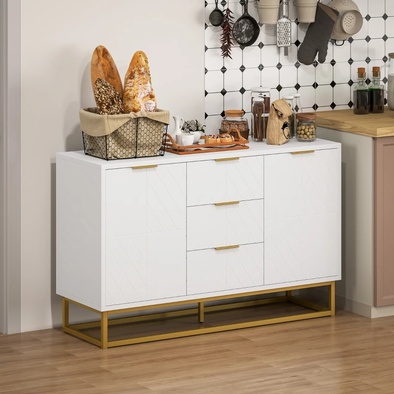 HOMCOM Sideboard Kommode moderner Beistellschrank mit Schränke und Schubladen Goldsockel viel Stauraum Weiß MDF Stahl 120 x 40 x 76 cm