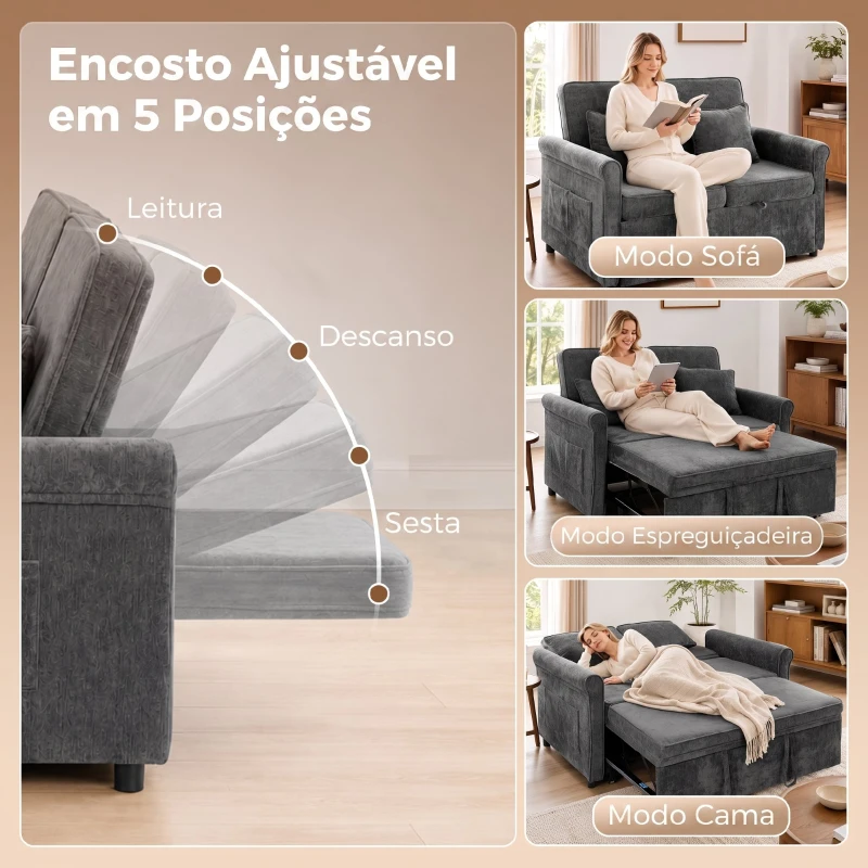 HOMCOM Sofá-cama 2 Lugares 3 em 1 com Encosto Ajustável em 5 Posições, Bolsos Laterais e 2 Almofadas, Cinzento
