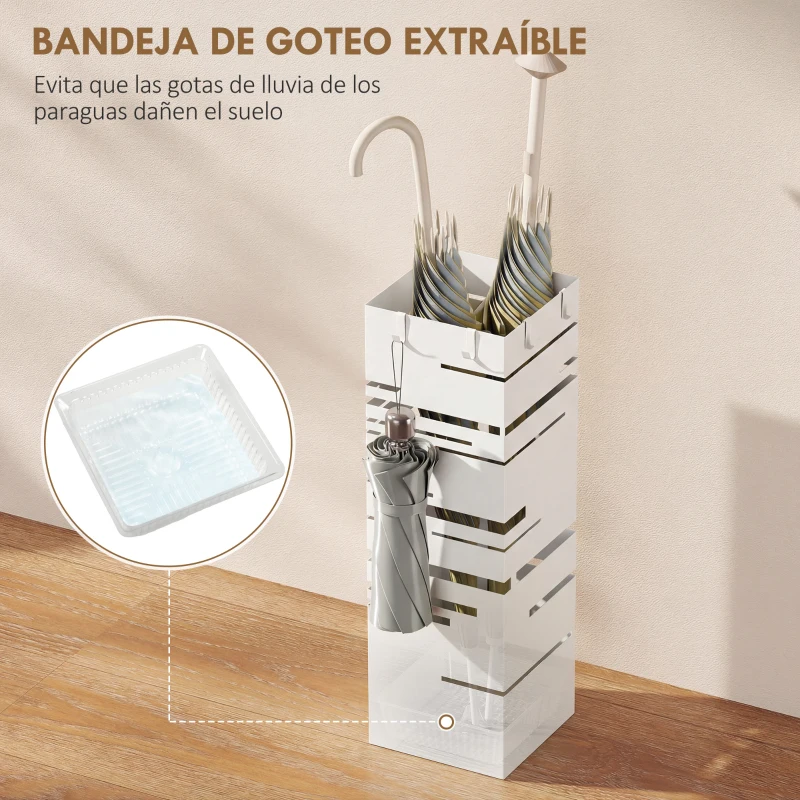 HOMCOM Paragüero Metálico con 4 Ganchos y Bandeja de Goteo Extraíble para Entrada Oficina 15,5x15,5x49 cm Blanco