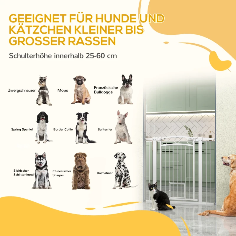 PawHut Portão para Animais Grade para Escadas 96 cm Largura Ajustável 76-104 cm com Portinha para Gatos para Escadas e Vãos de Porta Branco