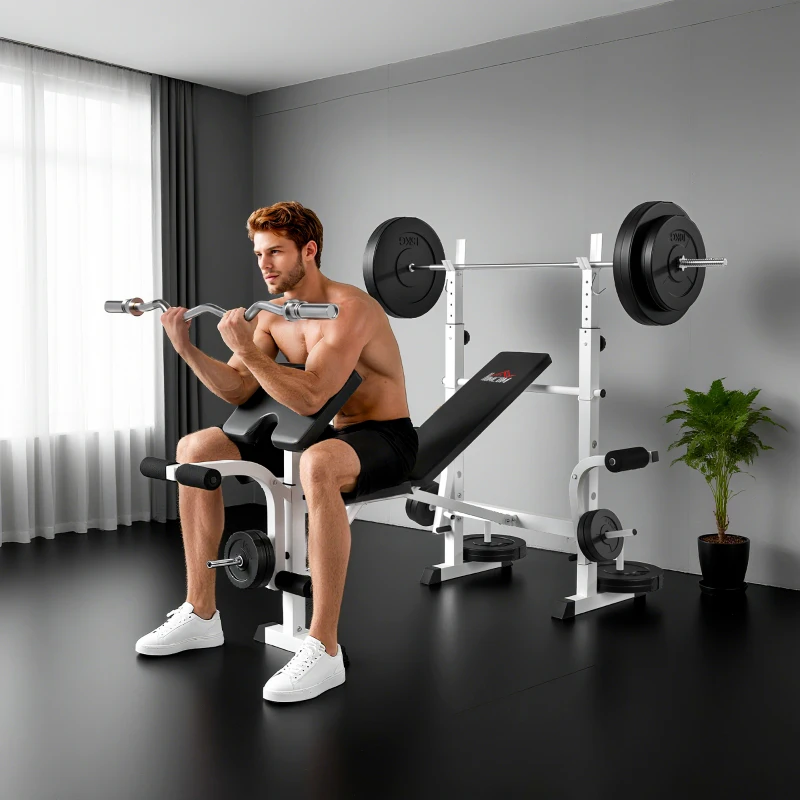 HOMCOM Banco de Musculación Inclinable con Soporte para Barra Ajustable Extensión de Piernas y Curl de Predicador para Gimnasio