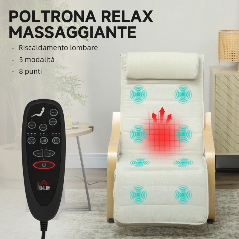 HOMCOM Poltrona Relax Riscaldante e Massaggiante con Poggiapiedi Regolabile e Telecomando, 67x95x101 cm, Crema
