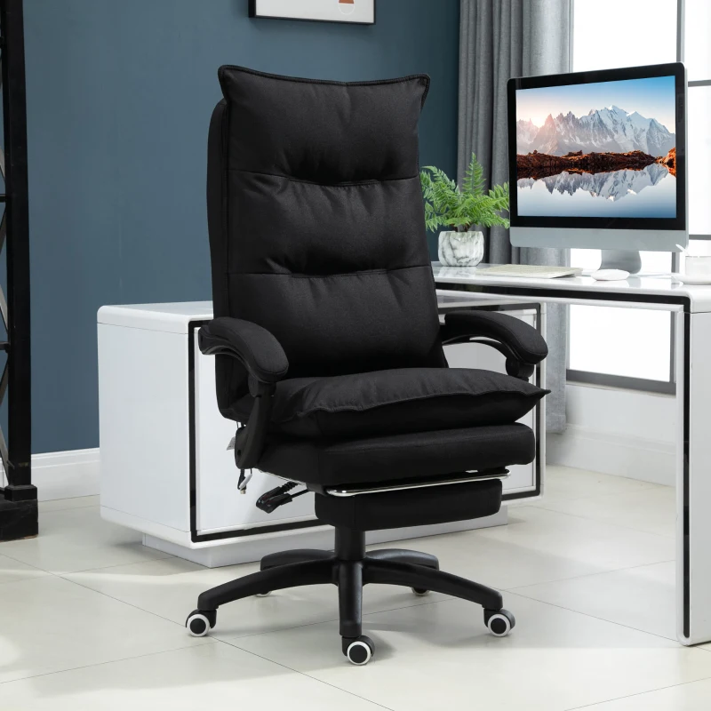 Vinsetto Poltrona de escritório com massagem, cadeira de escritório, cadeira ergonómica com altura ajustável, encosto reclinável, apoio para pés integrado e controlo remoto com fio, giratória a 360°, tecido de linho preto