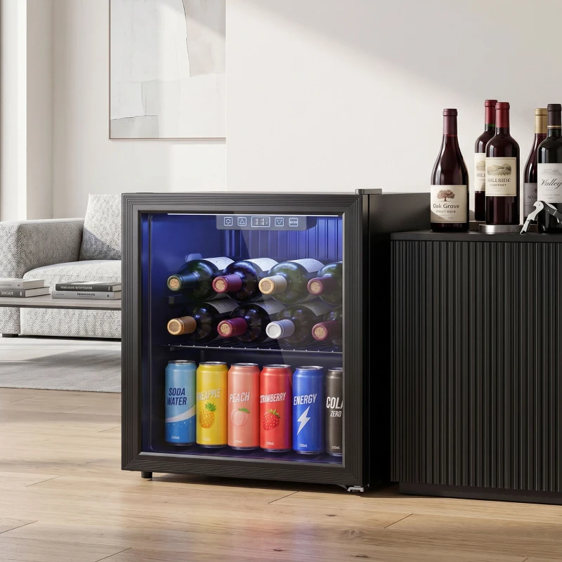 HOMCOM Frigorífico de Bebidas 50 L con Puerta de Vidrio Doble Iluminación LED Estante Ajustable para 48 Latas