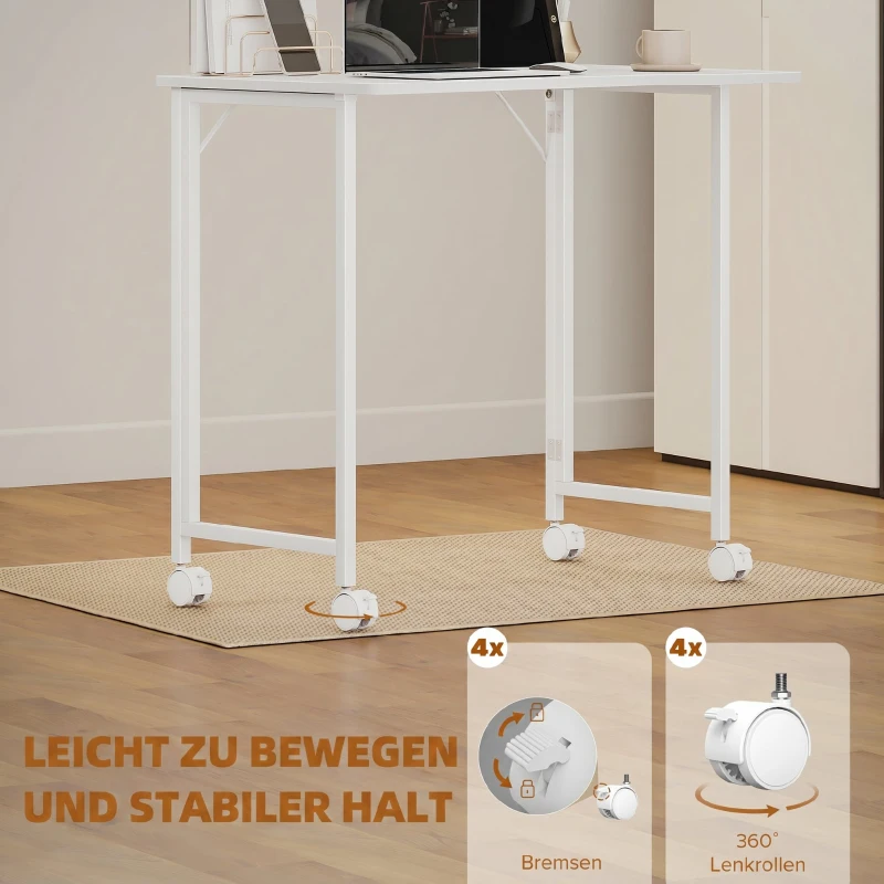 HOMCOM Schreibtisch, klappbarer Computertisch, platzsparender Bürotisch mit Rollen, Geräteschlitz, 80 x 52 x 75 cm, Weiß