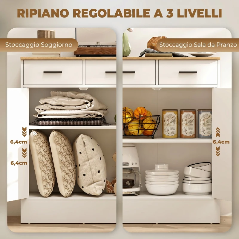 HOMCOM Credenza Moderna 2 Cassetti e Armadietto 2 Ante, Ripiano Interno Regolabile, Bianco e Legno