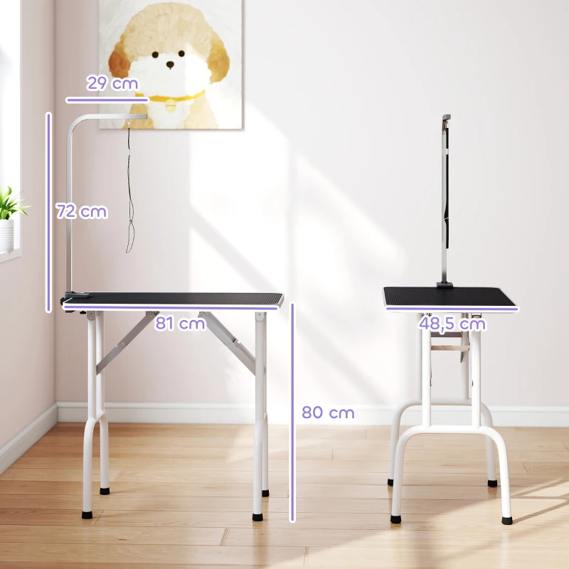 PawHut Mesa de Peluquería Canina Plegable con Encimera Antideslizante Brazo Ajustable 81x48,5x80 cm Negro