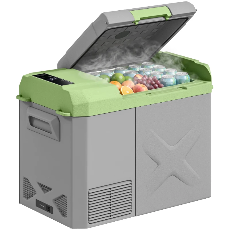 Outsunny 24,2 Liter Camping-Kühlschrank, Autokühlschrank, Kühlbox mit LED-Licht, AC- und DC-Adapter, leiser Betrieb, Grau+Grün