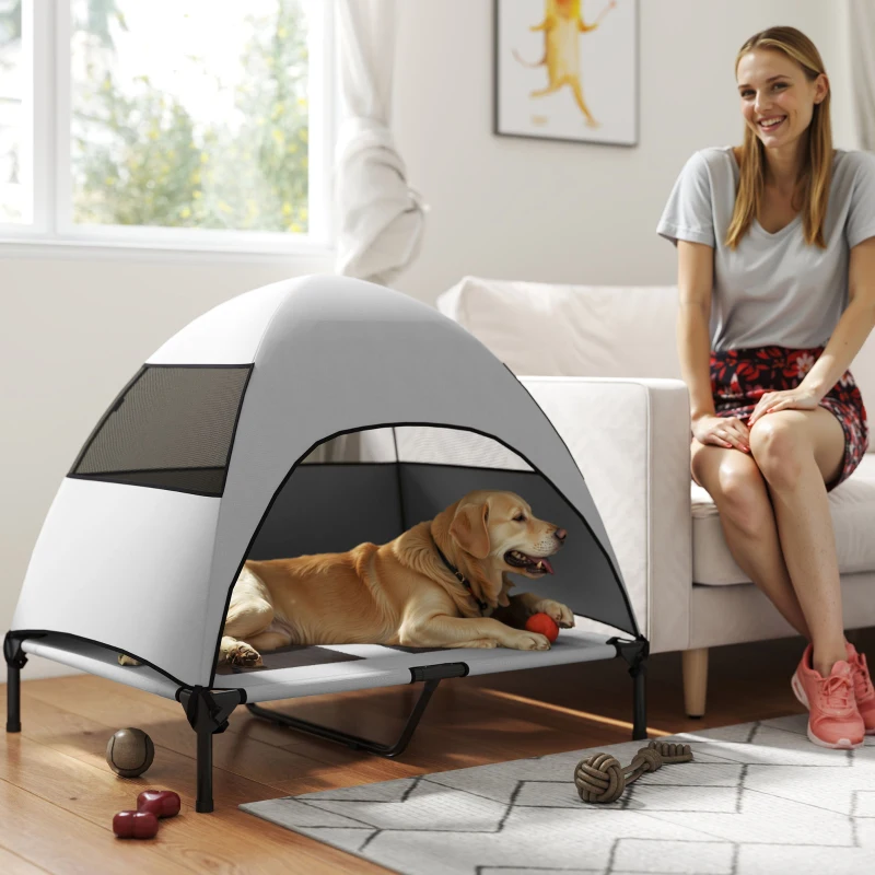 PawHut Cama Exterior para Cães com Dossel Cama Elevada para Cães Grandes 91x76x90 cm Cinza Claro