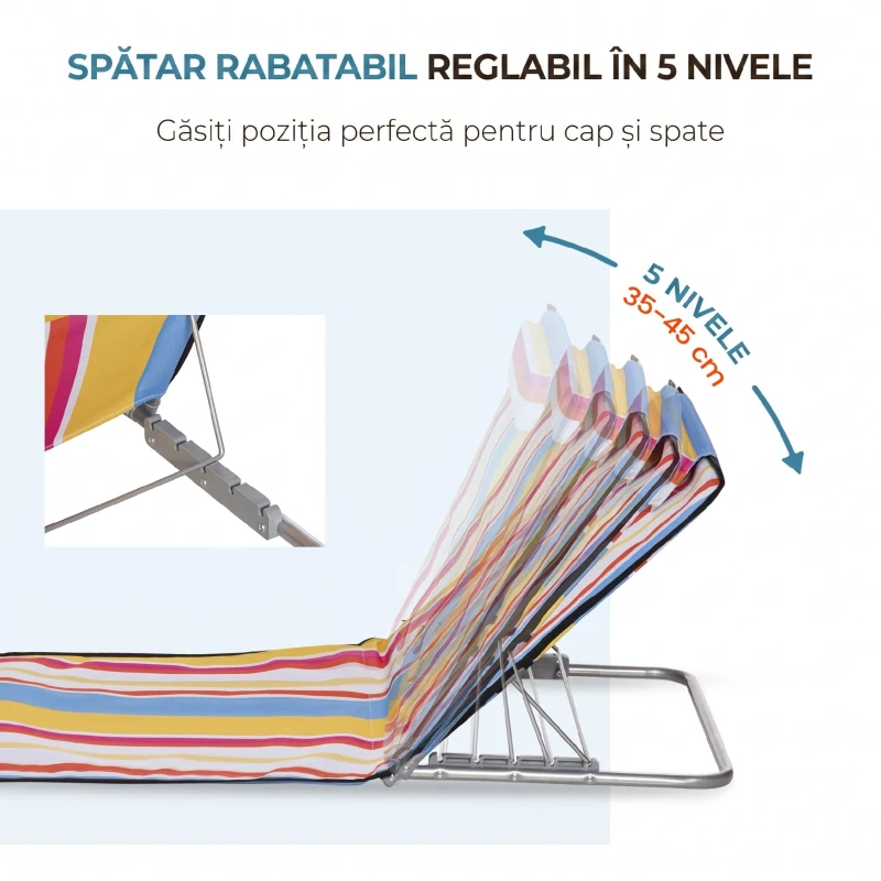 Outsunny Set 2 Șezlonguri de Plajă Rabatabile cu Spătar Reglabil și Tetieră, 53x124x35-45 cm, Multicolor