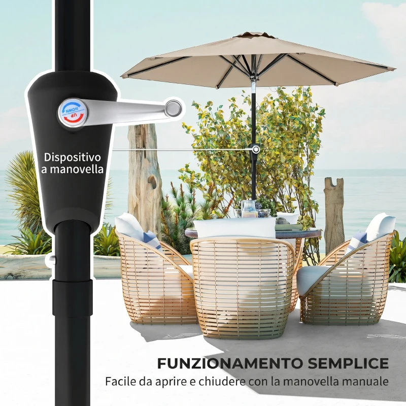 Outsunny Ombrellone da Giardino Inclinabile 2.3x2m con Apertura a Manovella e 6 Stecche, Cachi