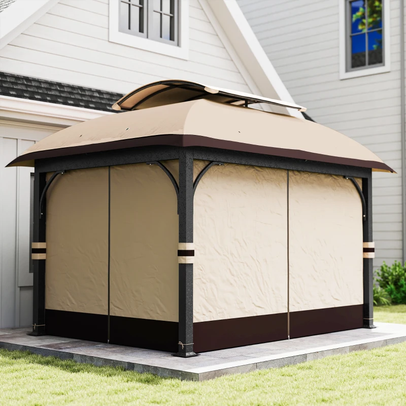 Outsunny Gartenpavillon, 3,3 x 4 m Gartenzelt mit Netz-Vorhängen, zweistufiges Dach, Kunstleder-Bezug, Metallrahmen, Khaki