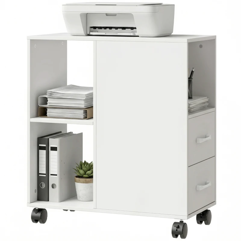 HOMCOM Mueble para Impresora con Ruedas 2 Cajones Estante Ajustable 3 Compartimentos Abiertos para Documentos Tamaño A4 Blanco