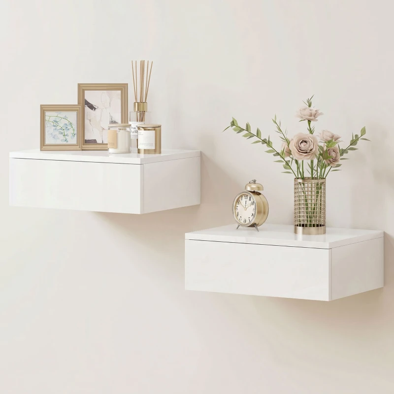 HOMCOM Conjunto de 2 Mesas de Cabeceira Design Montado na Parede Gaveta para Quarto Placa de Partículas Branco