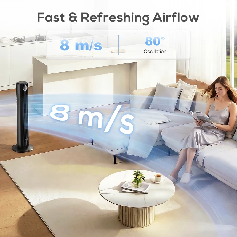 HOMCOM 28dB Tower Fan for Bedroom, 36 inch, 8 m/s Velocity Standing Cooling Fan with 80° Oscillating, BLDC Motor, 12 Speeds, LED Display, 4 Modes, 12H Timer, Remote Control, Black