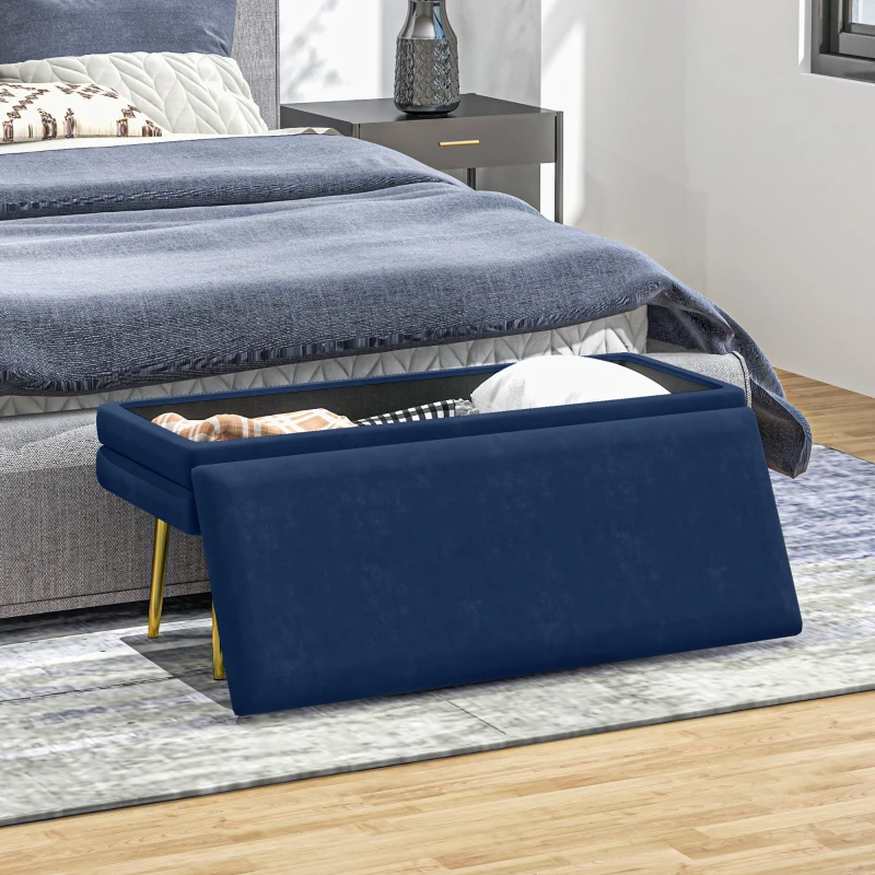 HOMCOM Banco Baú de Arrumação 2 em 1 Assento Efeito Veludo e Pés de Aço 100x37,5x42 cm Azul e Dourado